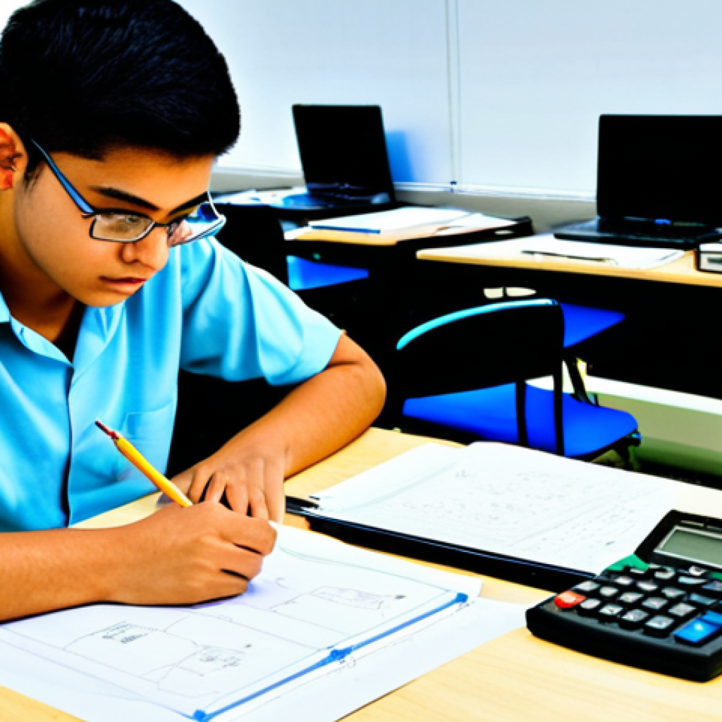 Organized Workspace**
A focused engineering student, fully clothed in appropriate attire for an exam, sits at a well-organized desk in a brightly lit exam hall. The desk includes neatly arranged drawing tools (tecnigrafo, squadre), a scientific calculator, and technical manuals. The student is writing on a large format sheet. Safe for work, professional, perfect anatomy, natural proportions, appropriate content. Emphasis on clarity and precision.
**