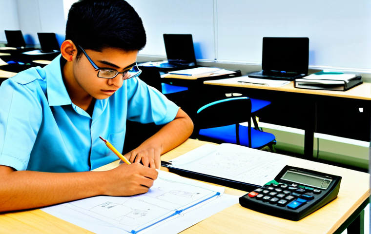 Organized Workspace**
A focused engineering student, fully clothed in appropriate attire for an exam, sits at a well-organized desk in a brightly lit exam hall. The desk includes neatly arranged drawing tools (tecnigrafo, squadre), a scientific calculator, and technical manuals. The student is writing on a large format sheet. Safe for work, professional, perfect anatomy, natural proportions, appropriate content. Emphasis on clarity and precision.
**
