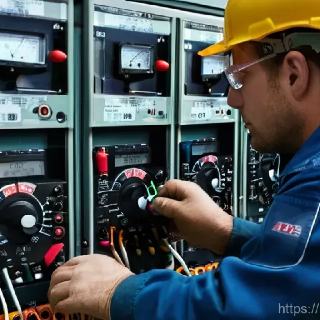 건축전기설비기사 실기 장비 사용법 - **Prompt:** A focused, professional electrician, aged around 40-50, with short, neat hair, is meticu...