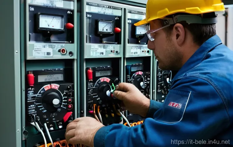 건축전기설비기사 실기 장비 사용법 - **Prompt:** A focused, professional electrician, aged around 40-50, with short, neat hair, is meticu...