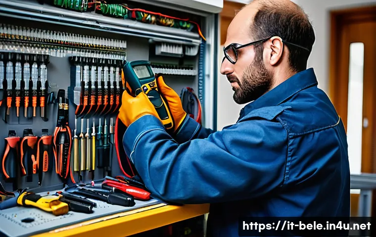 건축전기설비기사 실기 장비 구비 비용 - A highly focused and skilled Italian electrician, appearing to be in their mid-30s to early 40s, int...