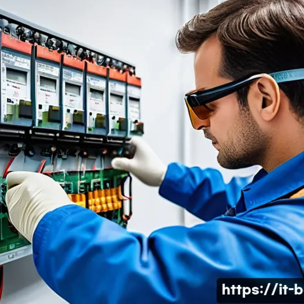 건축전기설비기사 실무 지식 확장법 - A professional Italian electrician wearing full personal protective equipment (PPE) including gloves...