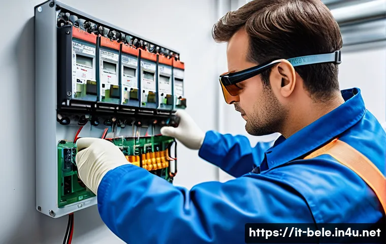 건축전기설비기사 실무 지식 확장법 - A professional Italian electrician wearing full personal protective equipment (PPE) including gloves...