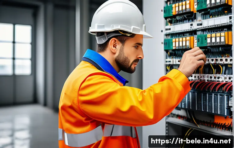 건축전기설비기사 자격증의 법적 효력 - A professional Italian electrical technician wearing certified safety gear and branded uniform, care...