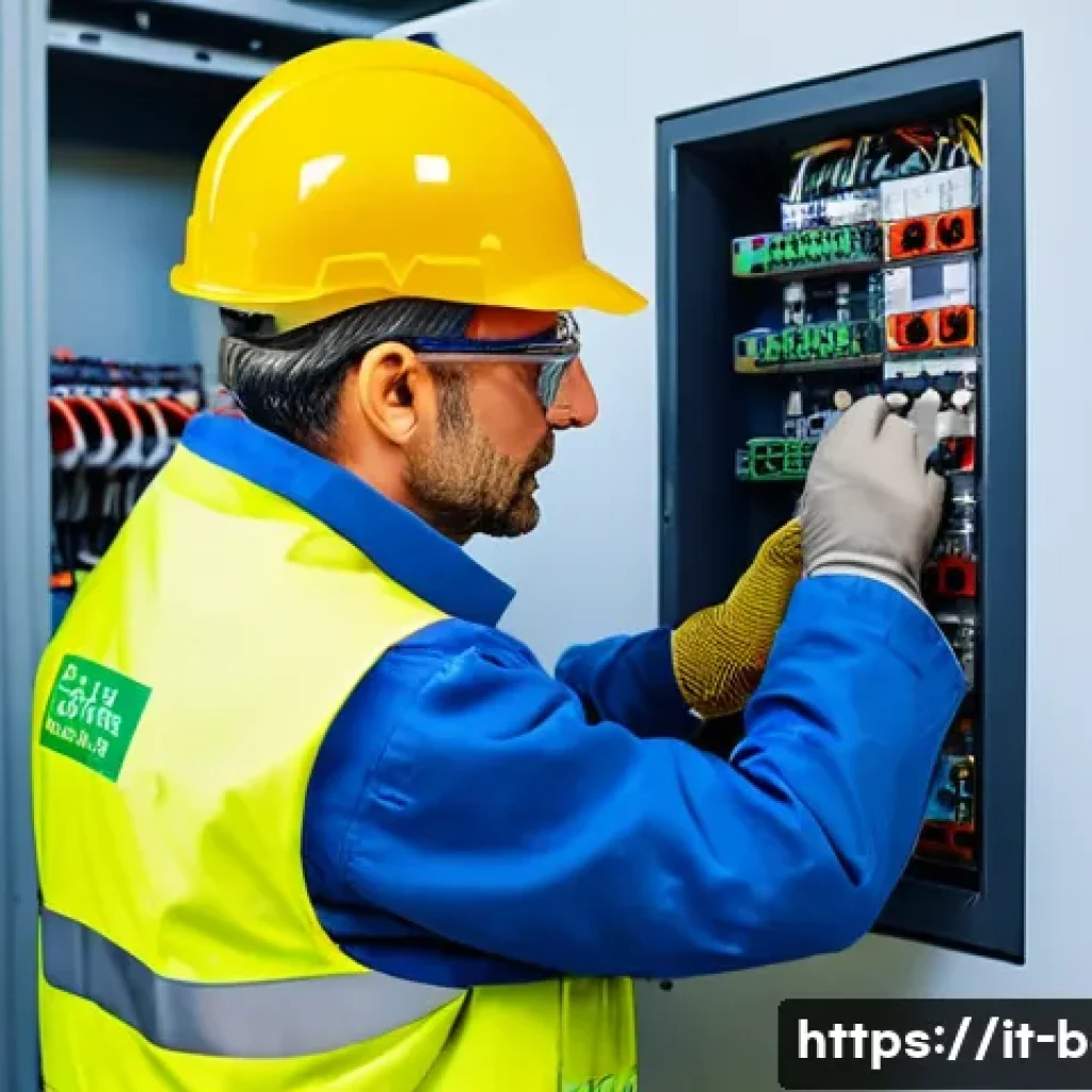 건축전기설비기사 실무에서 주로 쓰이는 장비 - ) A photorealistic close-up scene of an Italian electrician inspecting an open site distribution boa...