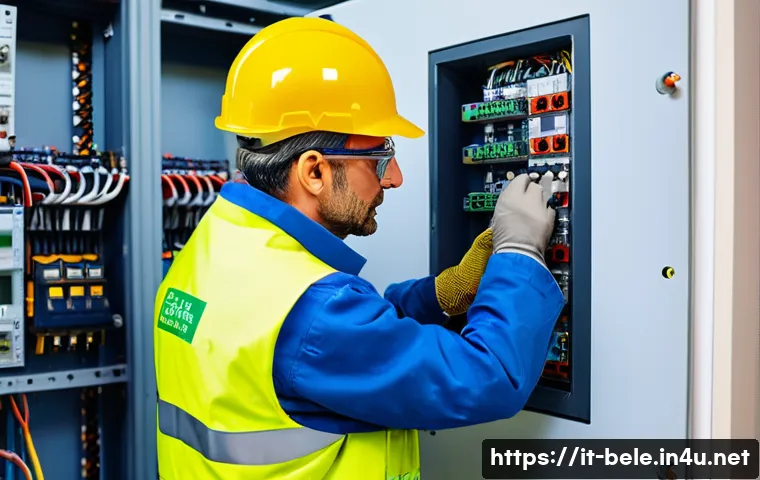 건축전기설비기사 실무에서 주로 쓰이는 장비 - ) A photorealistic close-up scene of an Italian electrician inspecting an open site distribution boa...