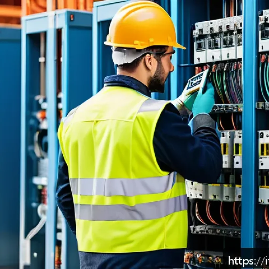 건축전기설비기사 학습 자료 다운로드 사이트 - A professional Italian electrical building technician in a modern construction site, wearing appropr...