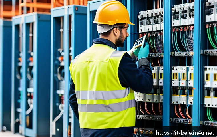 건축전기설비기사 학습 자료 다운로드 사이트 - A professional Italian electrical building technician in a modern construction site, wearing appropr...