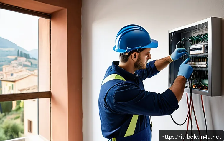 건축전기설비기사 전문성 개발 방법 - A professional Italian electrician wearing appropriate safety gear and clean, modern workwear, insta...