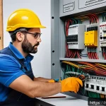 Home 22 건축전기설비기사 초보자를 위한 실습 팁 - A detailed, realistic indoor scene of an Italian electrician’s workspace focused on reading and inte...