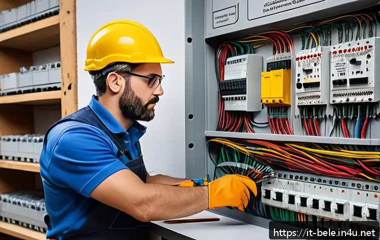 건축전기설비기사 초보자를 위한 실습 팁 - A detailed, realistic indoor scene of an Italian electrician&rsquo;s workspace focused on reading and inte...