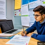 Home 21 건축전기설비기사 시험 성적 분석 방법 - A professional Italian student sitting at a wooden desk with textbooks and a laptop, deeply analyzin...