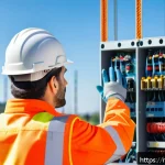 Home 20 건축전기설비기사 자격증의 취업 경쟁력 - A certified electrical technician wearing professional work attire including safety helmet, reflecti...