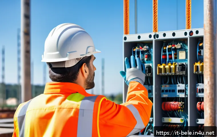 건축전기설비기사 자격증의 취업 경쟁력 - A certified electrical technician wearing professional work attire including safety helmet, reflecti...