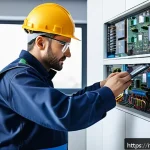 Home 19 건축전기설비기사 자격증 취득 후 경력 관리 - A professional electrician in a modern European workshop, wearing a branded uniform and protective g...