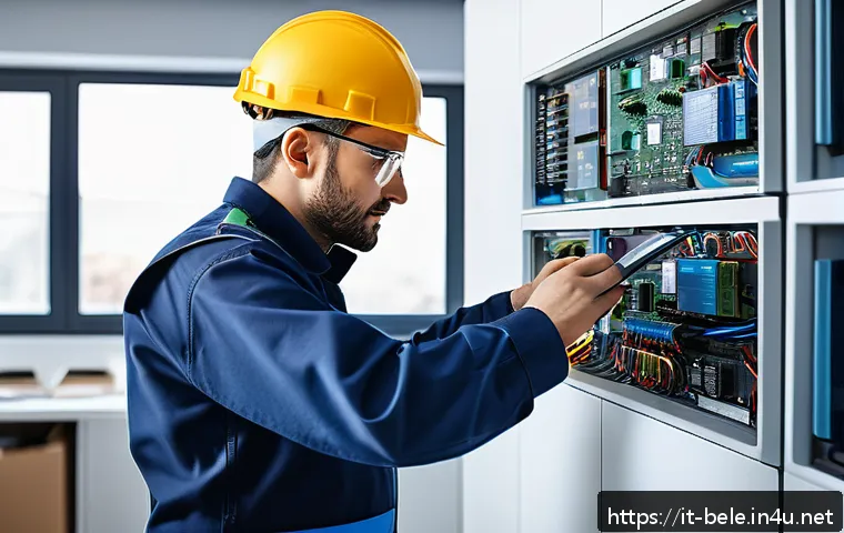 건축전기설비기사 자격증 취득 후 경력 관리 - A professional electrician in a modern European workshop, wearing a branded uniform and protective g...
