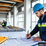 Home 18 건축전기설비기사 초보자를 위한 업무 정리 - A professional electrician in a modern Italian construction site, carefully studying detailed bluepr...