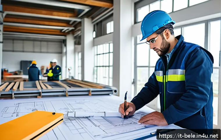 건축전기설비기사 초보자를 위한 업무 정리 - A professional electrician in a modern Italian construction site, carefully studying detailed bluepr...