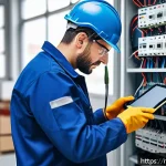 Home 23 건축전기설비기사 관련 온라인 강의 추천 - A professional Italian electrician in a modern workshop, wearing protective work clothes and safety ...