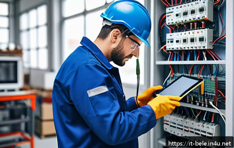 건축전기설비기사 관련 온라인 강의 추천 - A professional Italian electrician in a modern workshop, wearing protective work clothes and safety ...